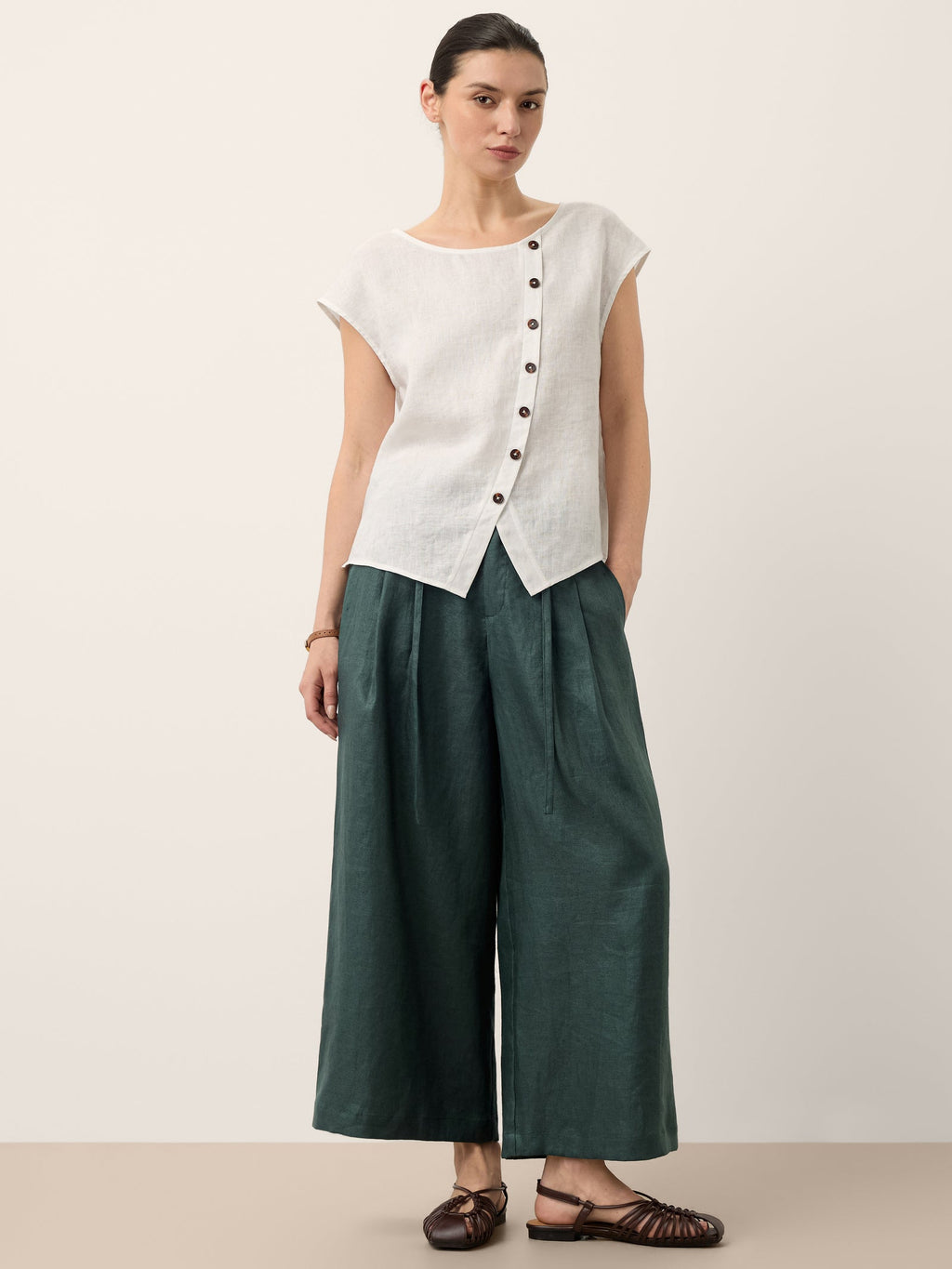 100% Linen Side Tie Elasticated Waist Wide Leg Cropped Pants CAMILLA