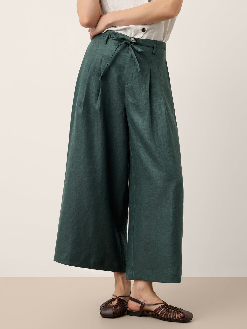 100% Linen Side Tie Elasticated Waist Wide Leg Cropped Pants CAMILLA