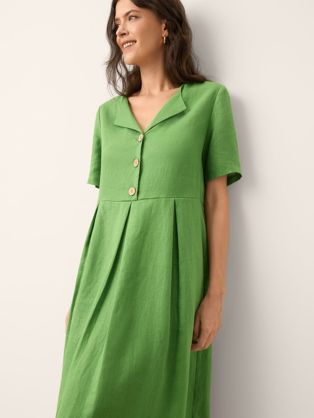 100% Linen Split Neck Midi Dress with Wooden Button Details