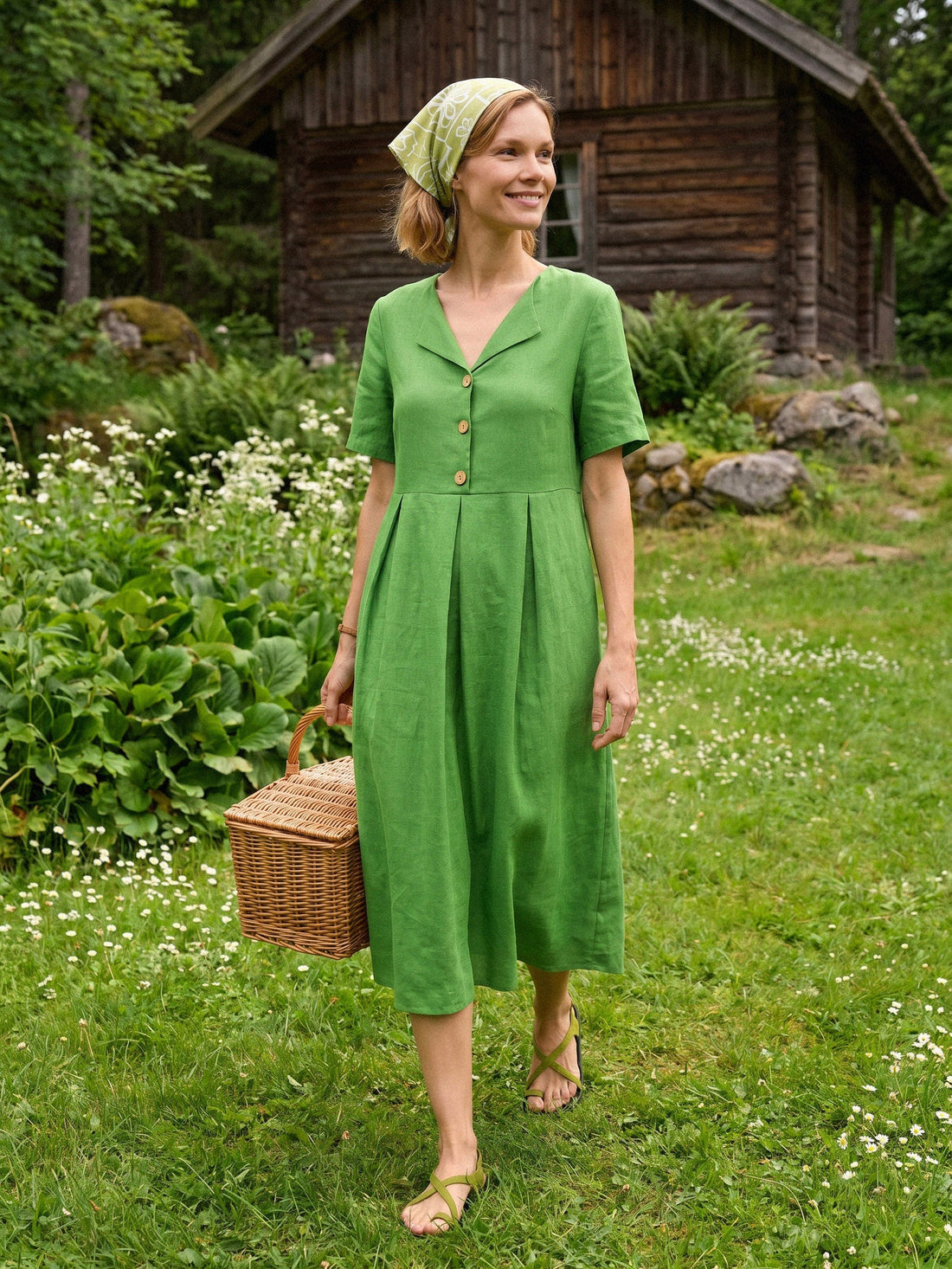 100% Linen Split Neck Midi Dress with Wooden Button Details