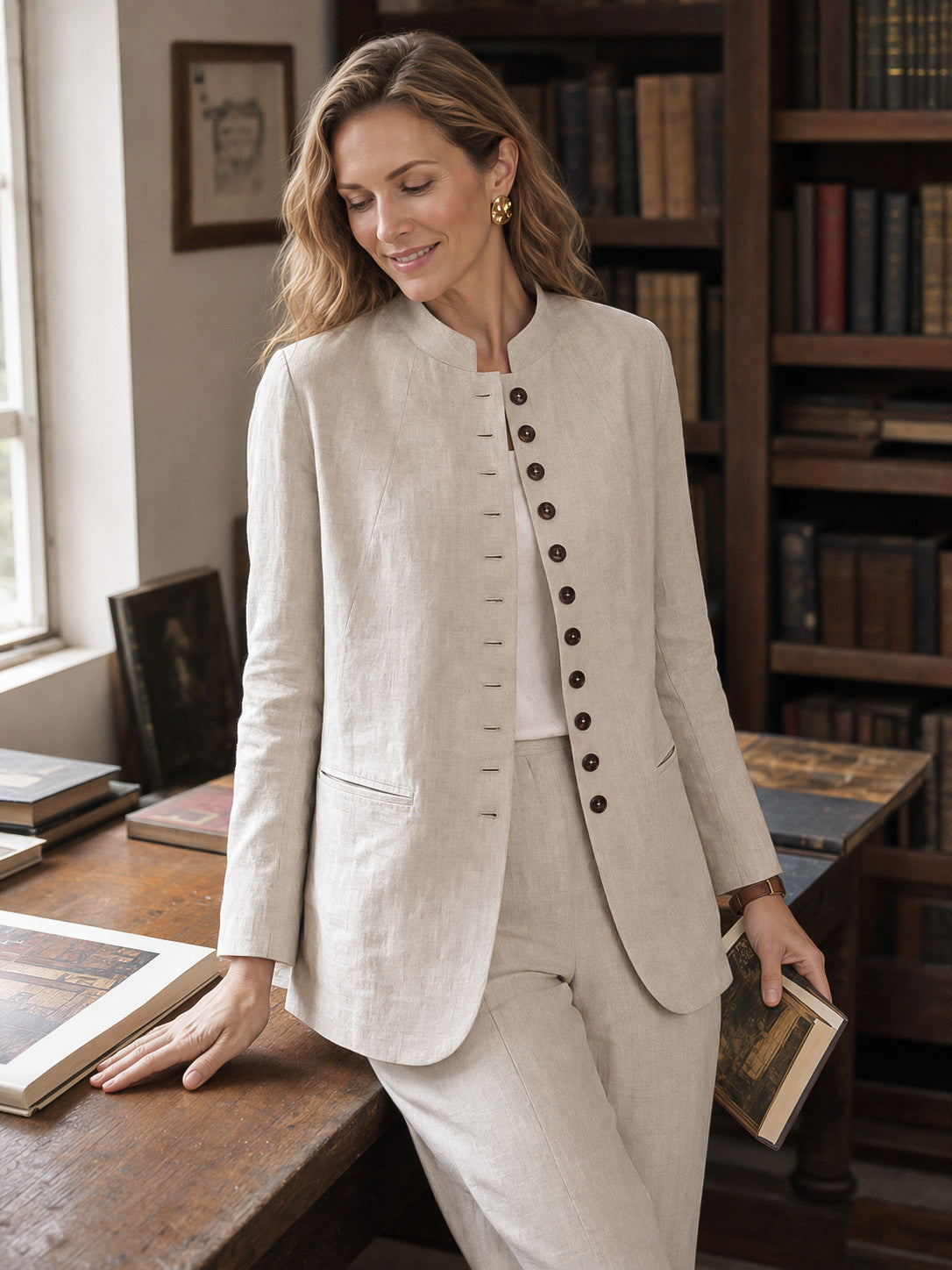 100% Linen Stand Collar Princess Seam Jacket ALIDA