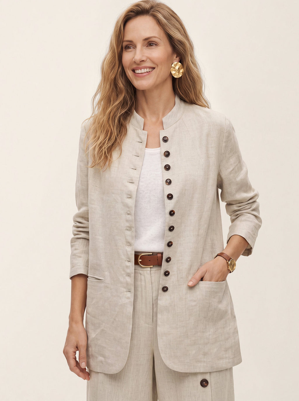 100% Linen Stand Collar Princess Seam Jacket ALIDA