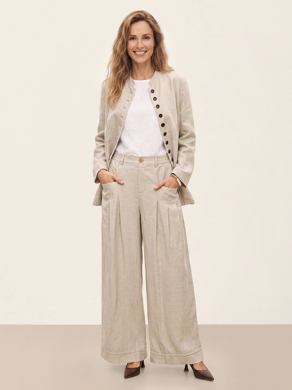 100% Linen Stand Collar Princess Seam Jacket ALIDA