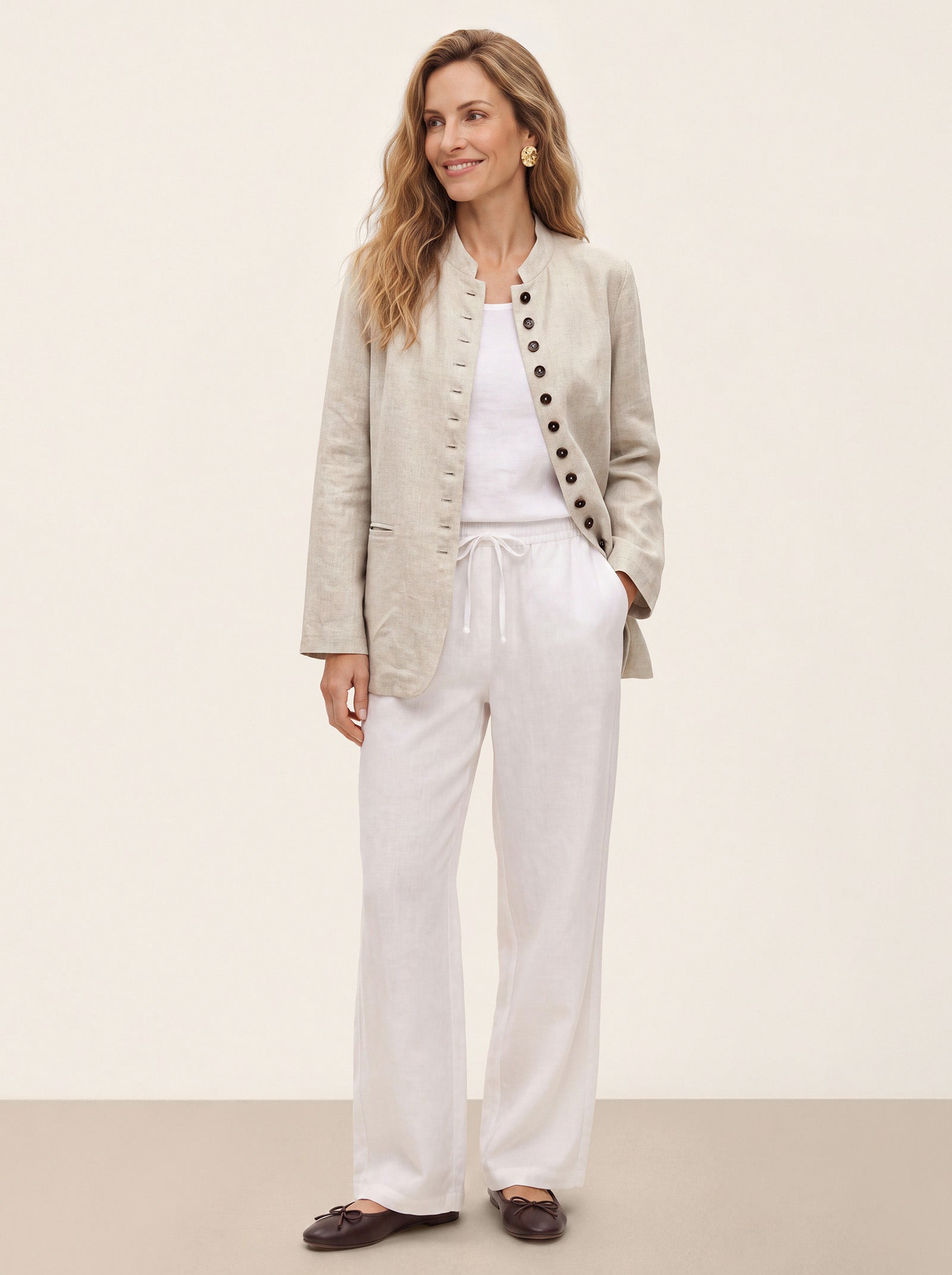 100% Linen Stand Collar Princess Seam Jacket ALIDA