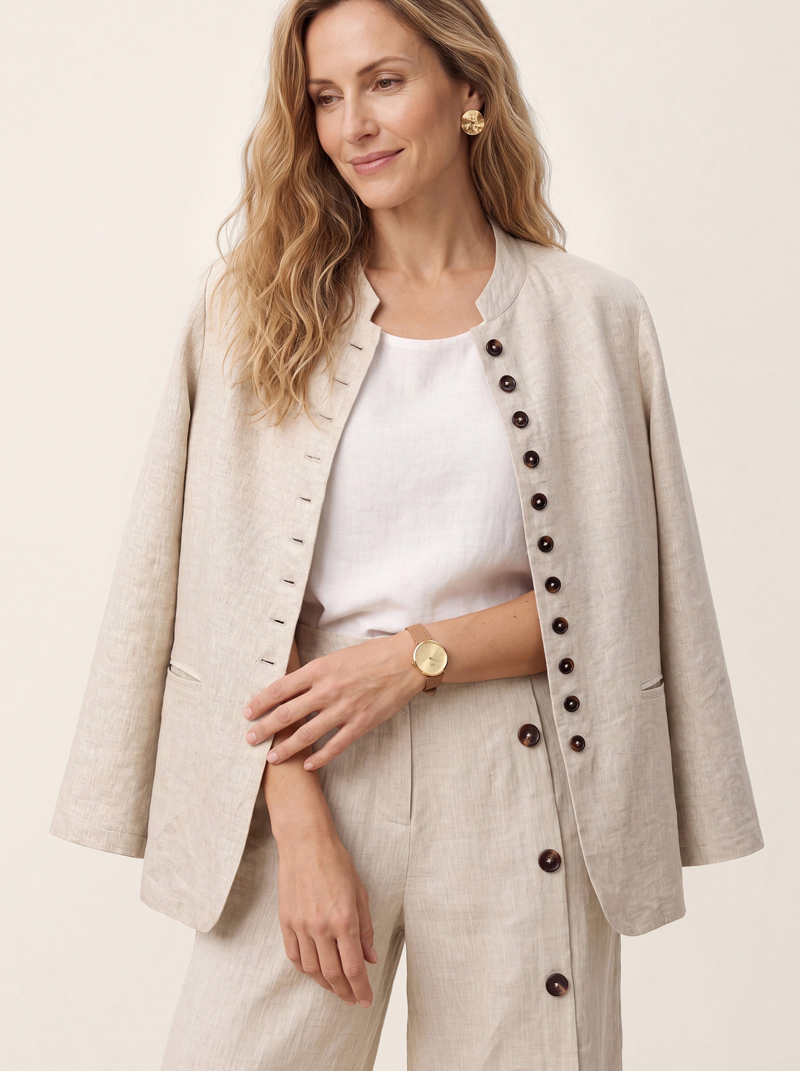 100% Linen Stand Collar Princess Seam Jacket ALIDA