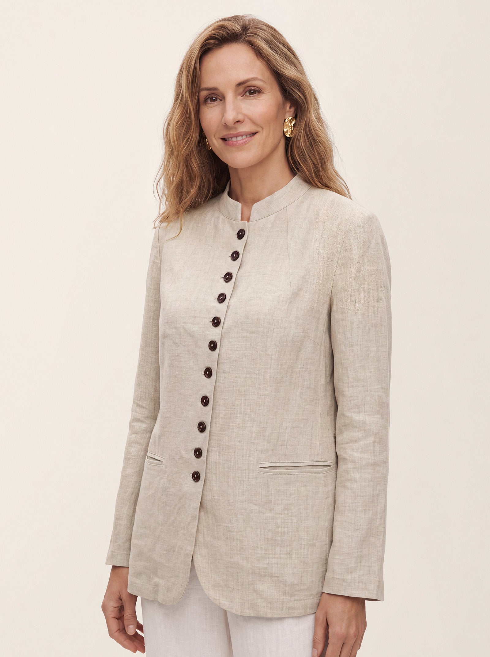 100% Linen Stand Collar Princess Seam Jacket ALIDA