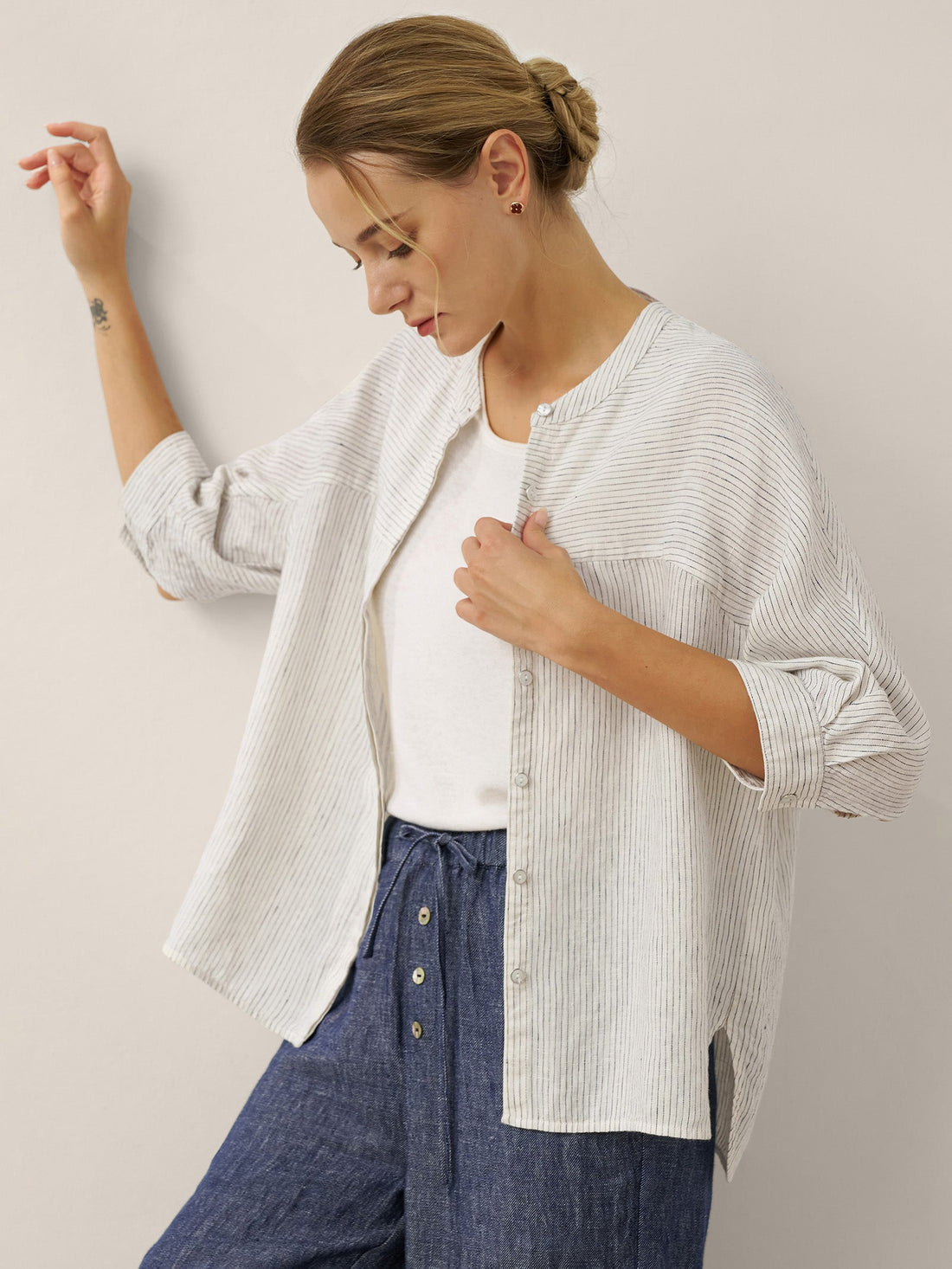 100% Linen Striped Three-Quarter Sleeve Shirt SKYLAR