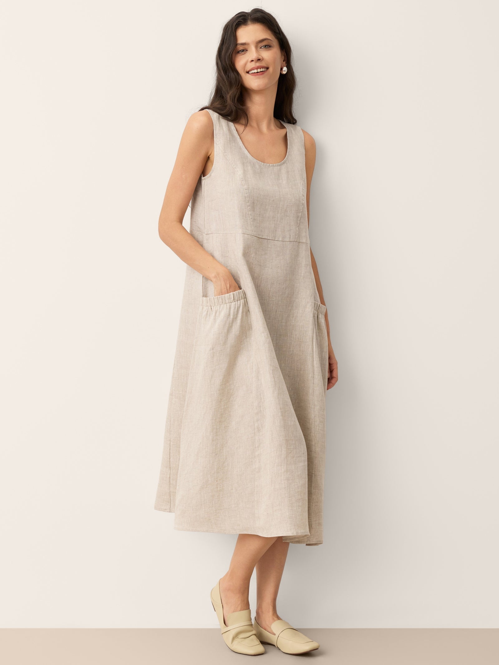 100% Linen Scoop Neck Swing Beach Maxi Dress - Sleeveless
