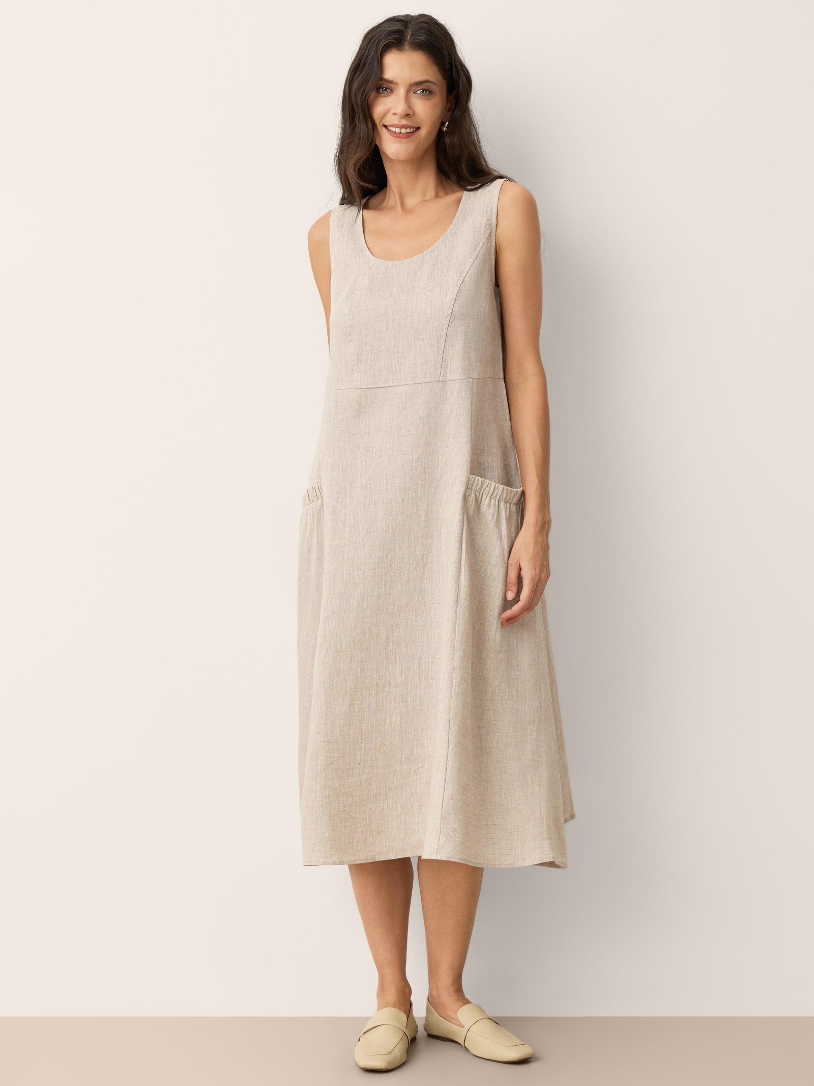 100% Linen Scoop Neck Swing Beach Maxi Dress - Sleeveless