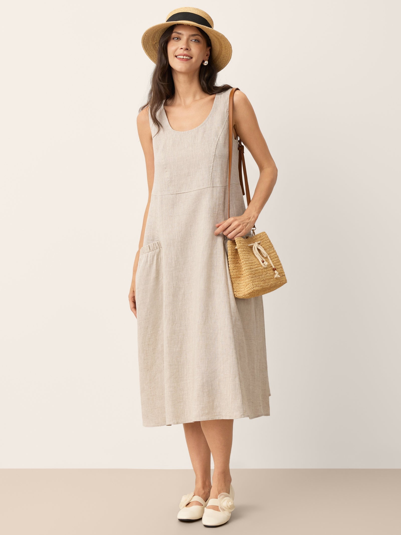 100% Linen Scoop Neck Swing Beach Maxi Dress - Sleeveless