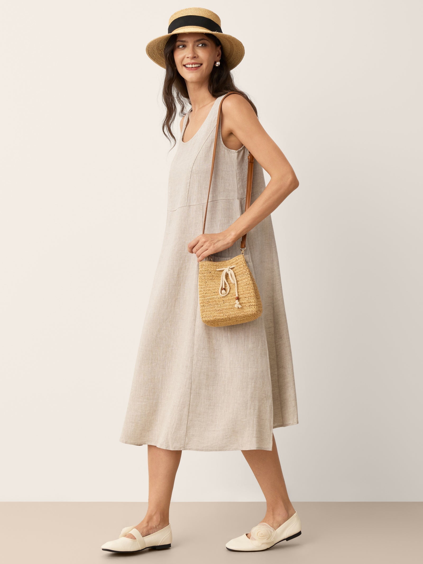 100% Linen Scoop Neck Swing Beach Maxi Dress - Sleeveless