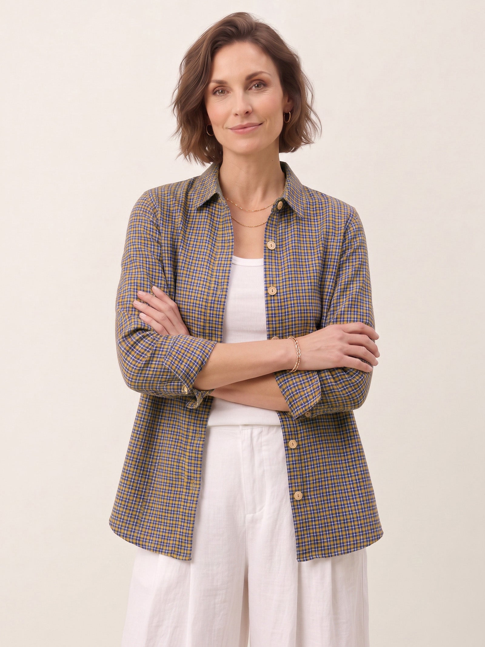 100% Linen Yarn Dyed Check Cuffed Sleeve Shirt VIANNE
