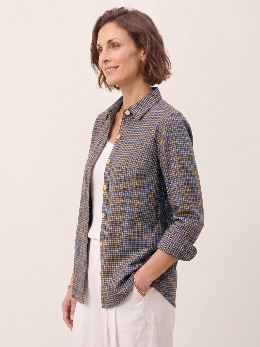 100% Linen Yarn Dyed Check Cuffed Sleeve Shirt VIANNE