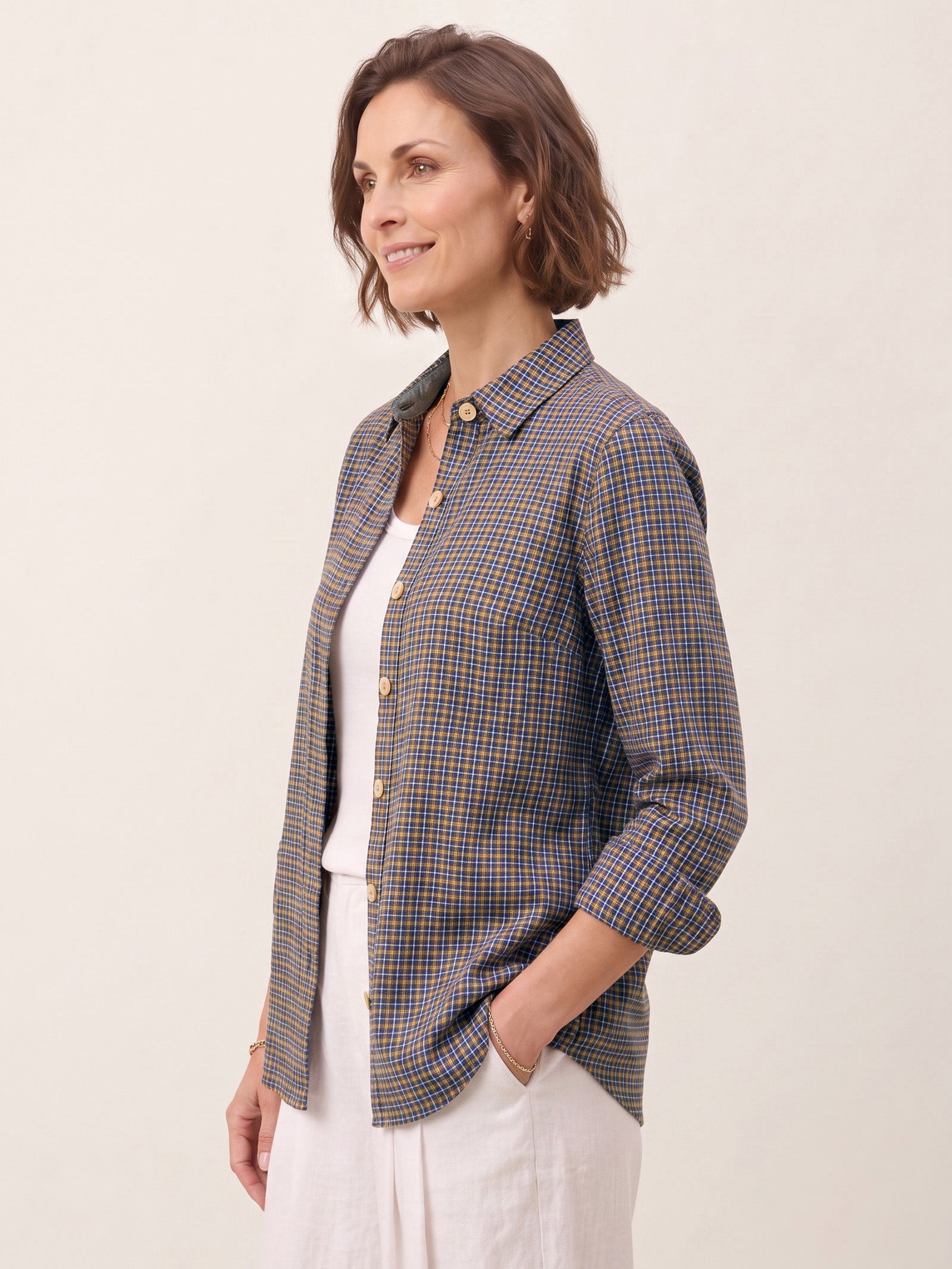 100% Linen Yarn Dyed Check Cuffed Sleeve Shirt VIANNE