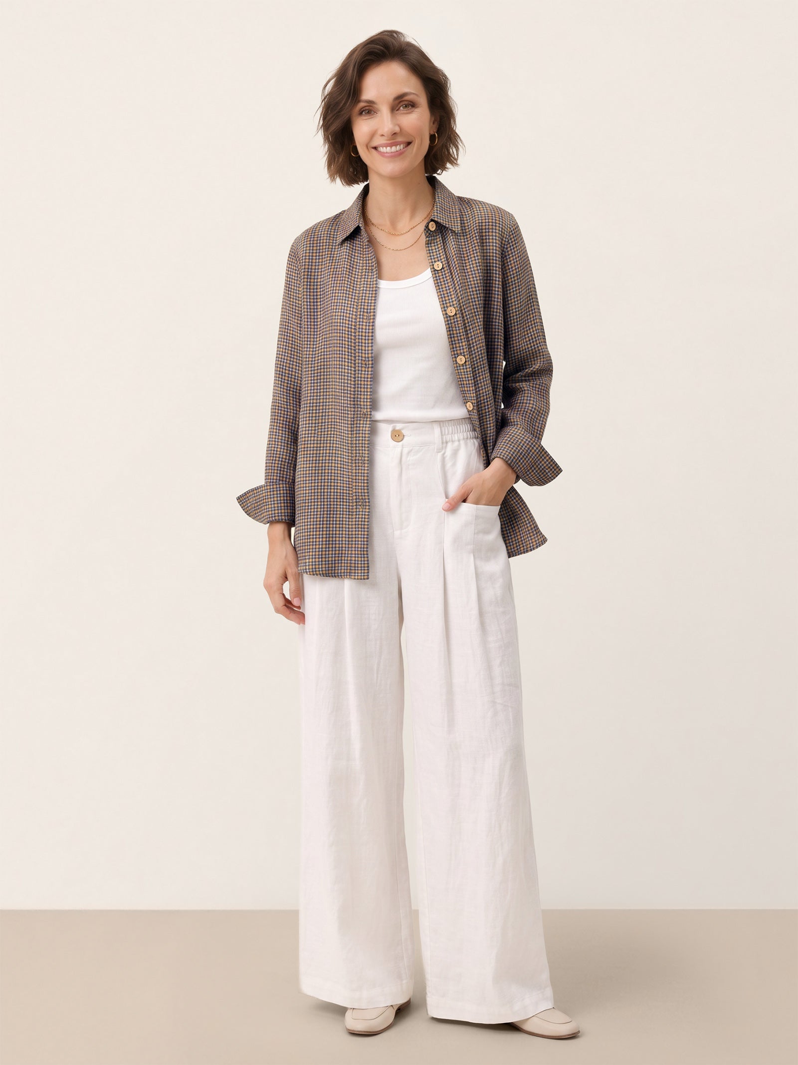 100% Linen Yarn Dyed Check Cuffed Sleeve Shirt VIANNE