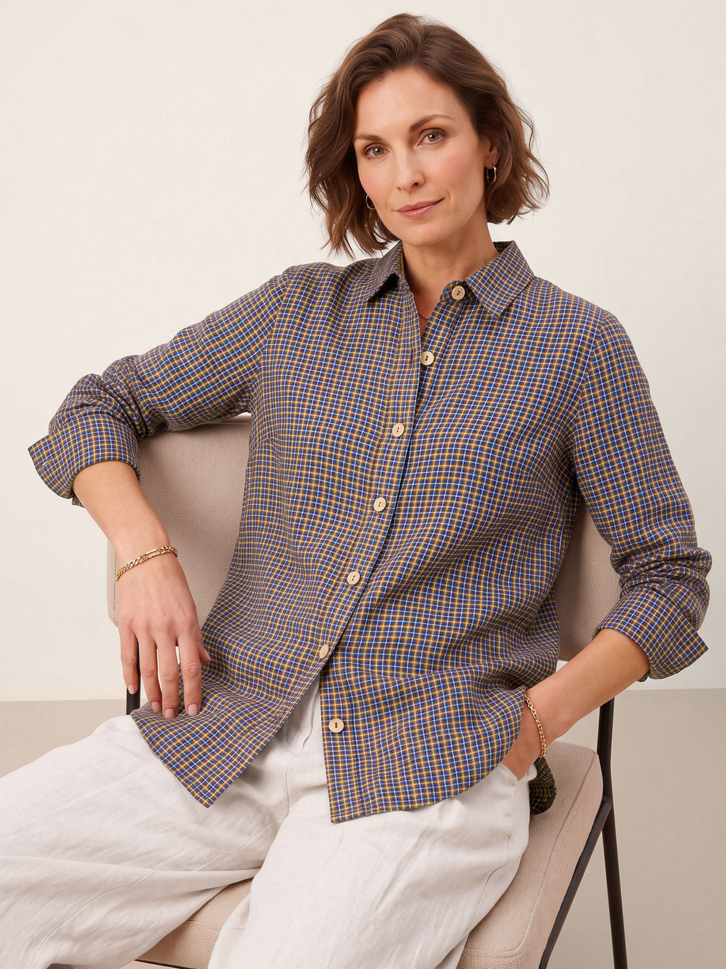 100% Linen Yarn Dyed Check Cuffed Sleeve Shirt VIANNE