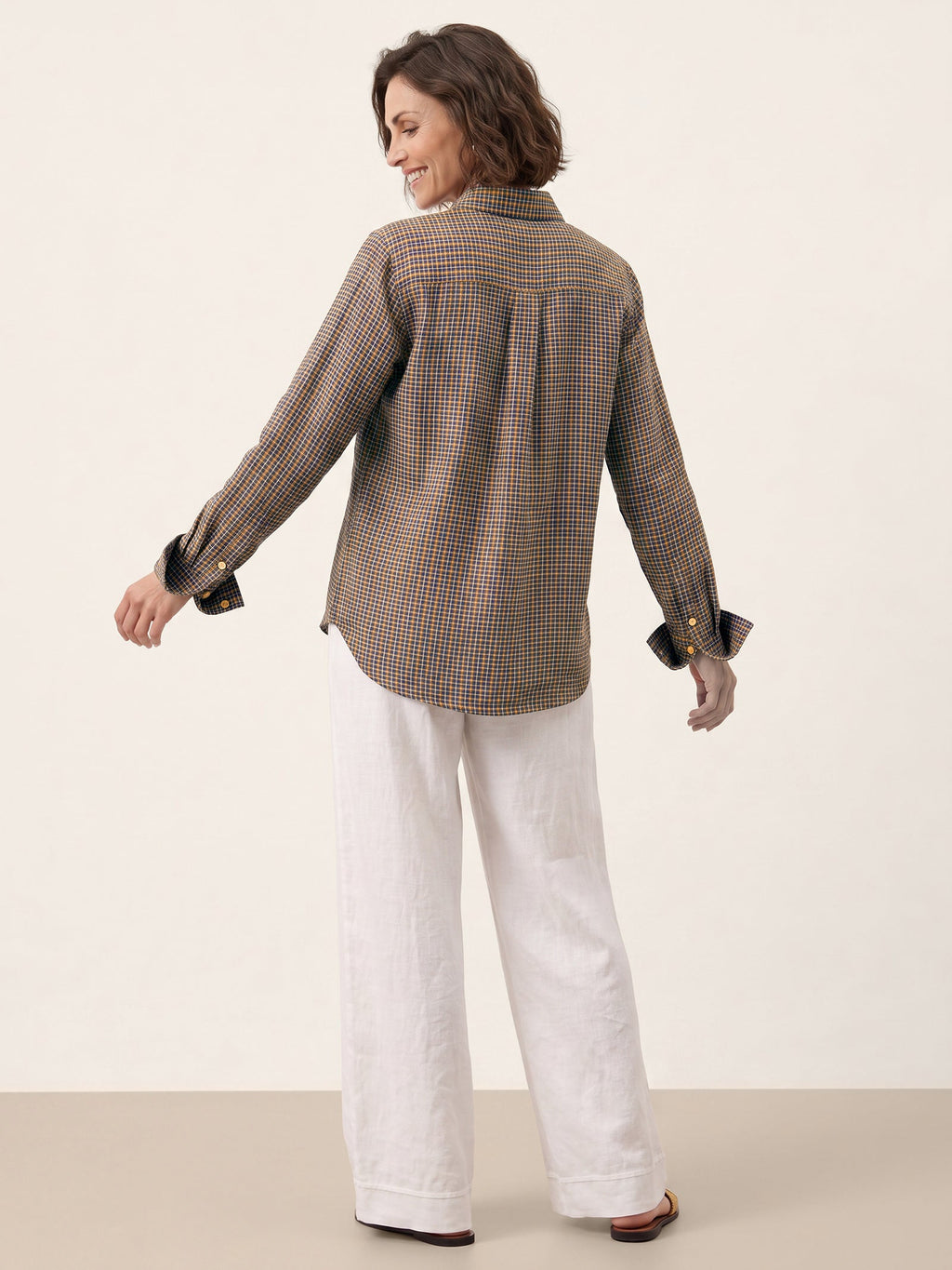 100% Linen Yarn Dyed Check Cuffed Sleeve Shirt VIANNE