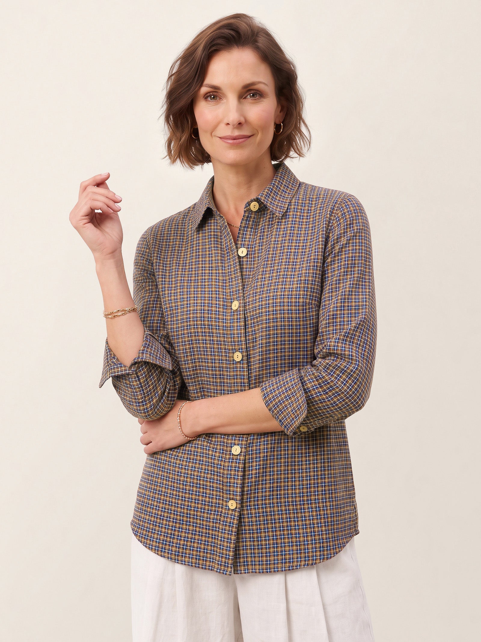 100% Linen Yarn Dyed Check Cuffed Sleeve Shirt VIANNE