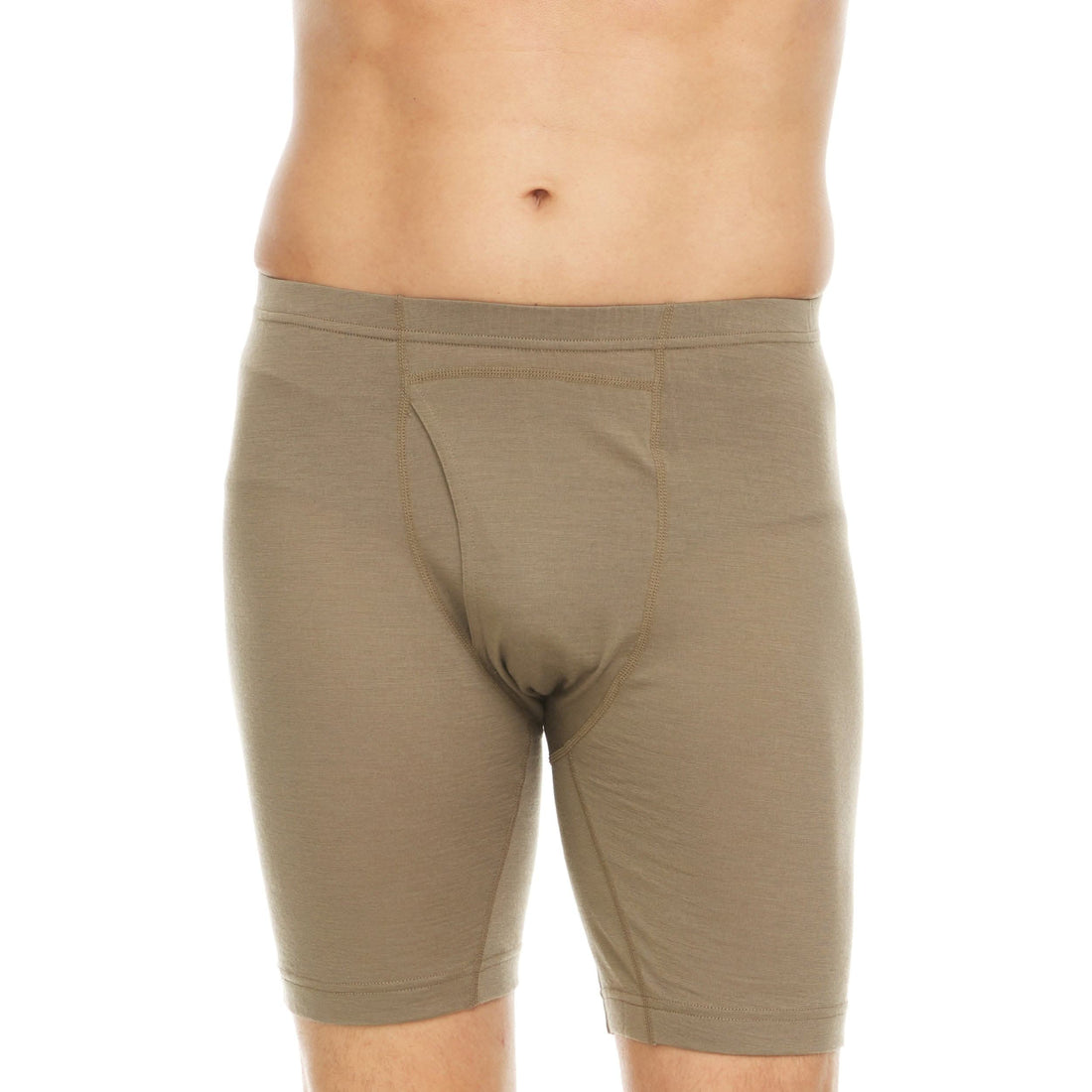 Men's fitted lightweight merino wool boxer briefs in olive green and navy blue