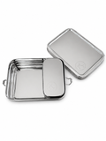 A minimalist silver stainless steel lunch box with an included small inner snack container.