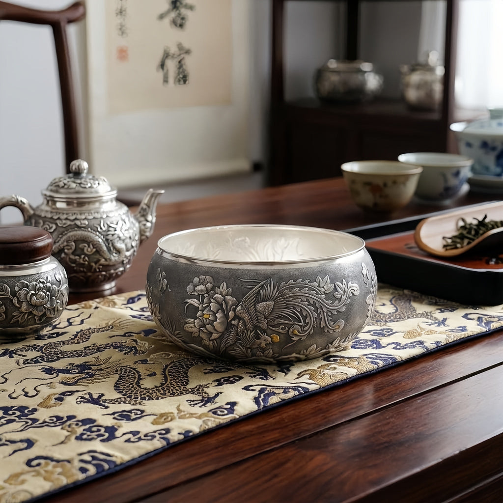 Hand-Engraved 999 Fine Silver Bowl Phoenix & Peony Motif Decor