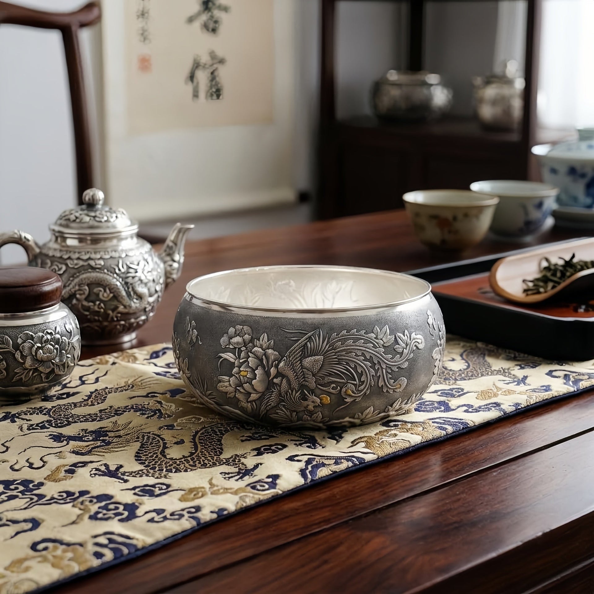 Hand-Engraved 999 Fine Silver Bowl Phoenix & Peony Motif Decor