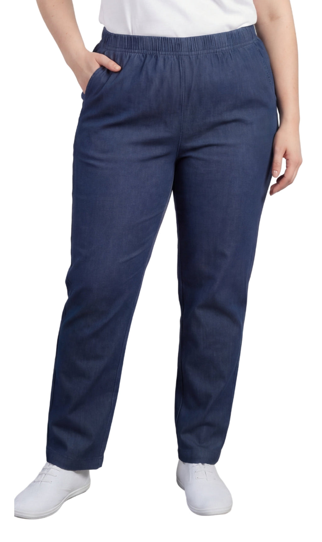 Women wearing comfortable lightweight pull-on denim jeans with an elastic waistband in a relaxed straight-leg fit.