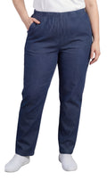 Women wearing comfortable lightweight pull-on denim jeans with an elastic waistband in a relaxed straight-leg fit.