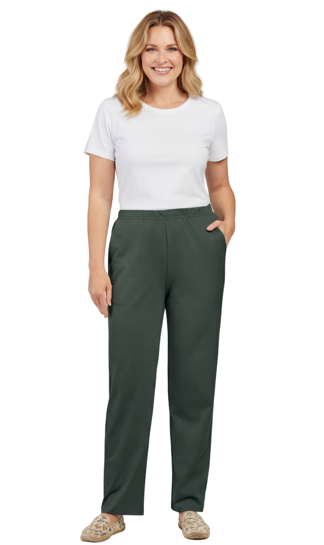 Women's Pull-On Flat Front Knit Pants with Elastic Waist