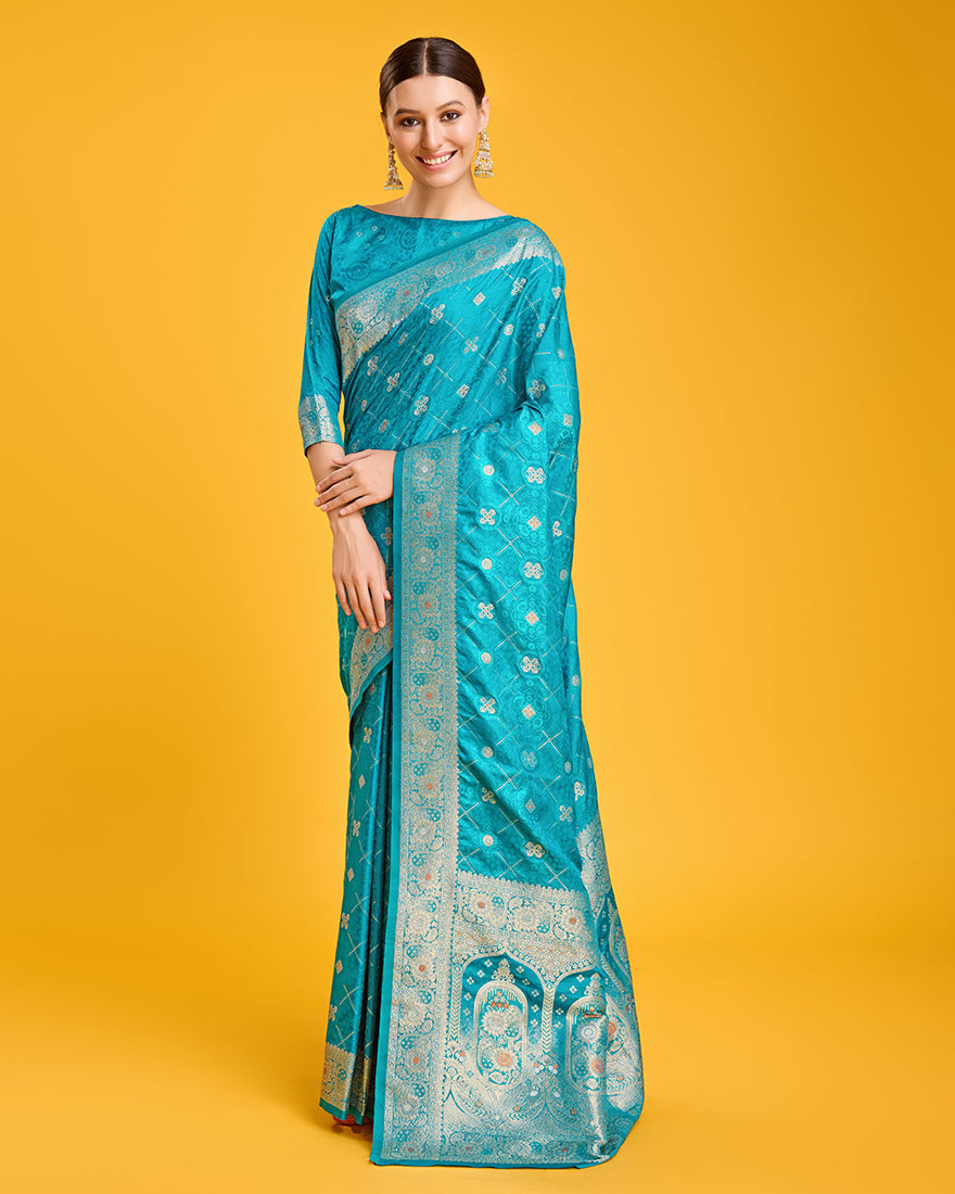 Blushing Cyan Banarasi Silk Saree with Geometric Zari Work