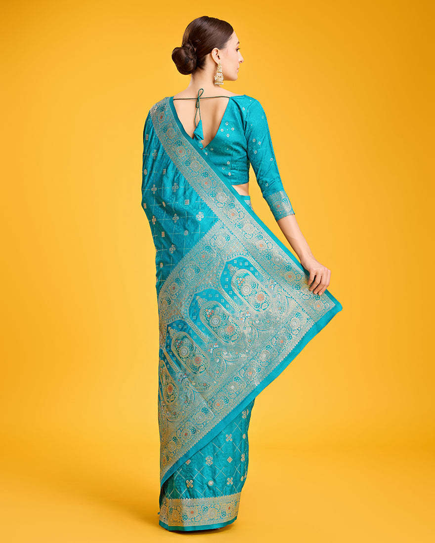 Blushing Cyan Banarasi Silk Saree with Geometric Zari Work