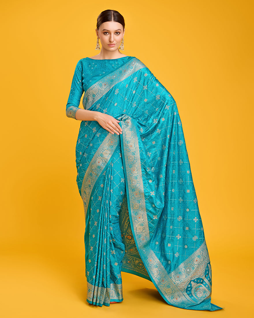 Blushing Cyan Banarasi Silk Saree with Geometric Zari Work