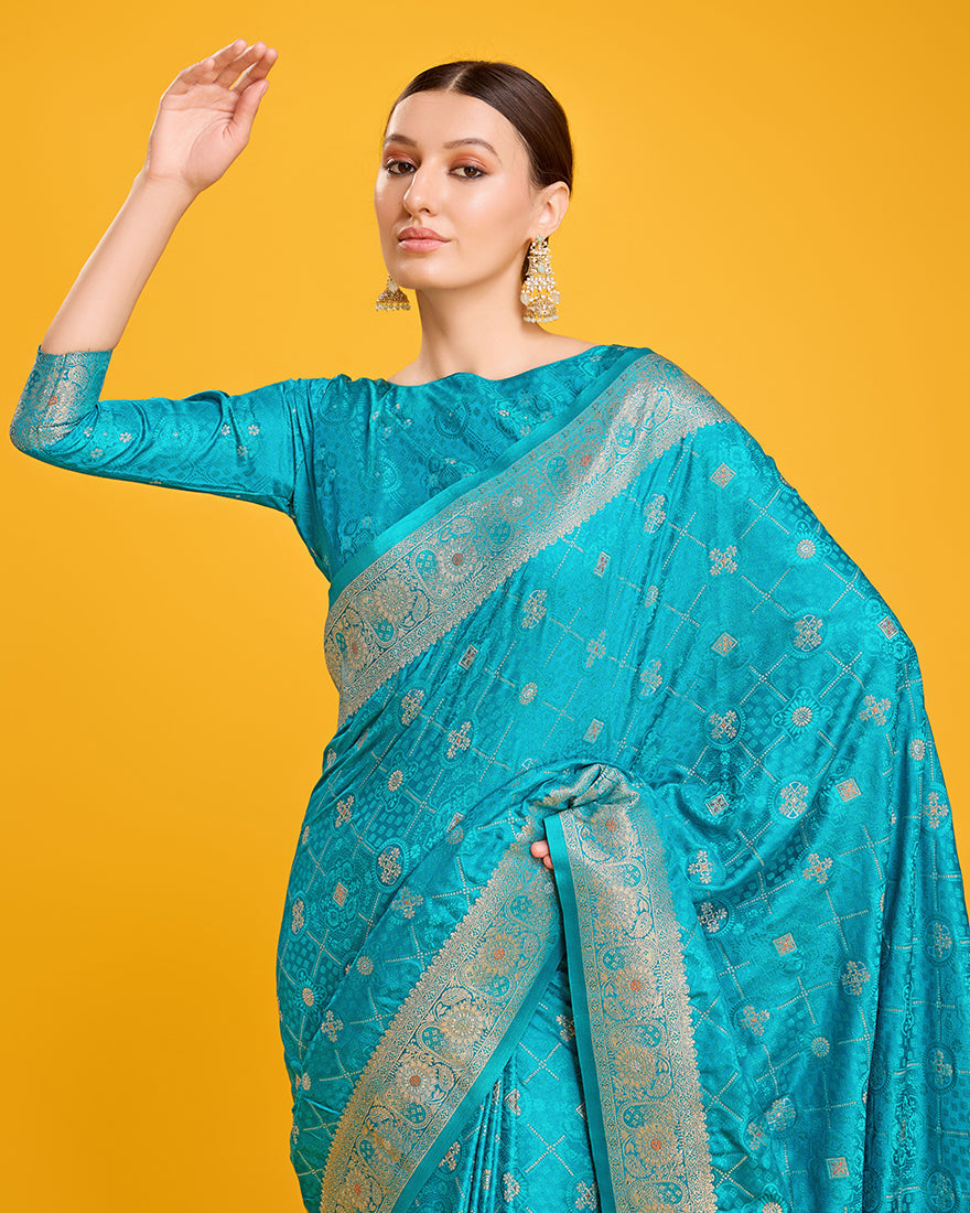 Blushing Cyan Banarasi Silk Saree with Geometric Zari Work