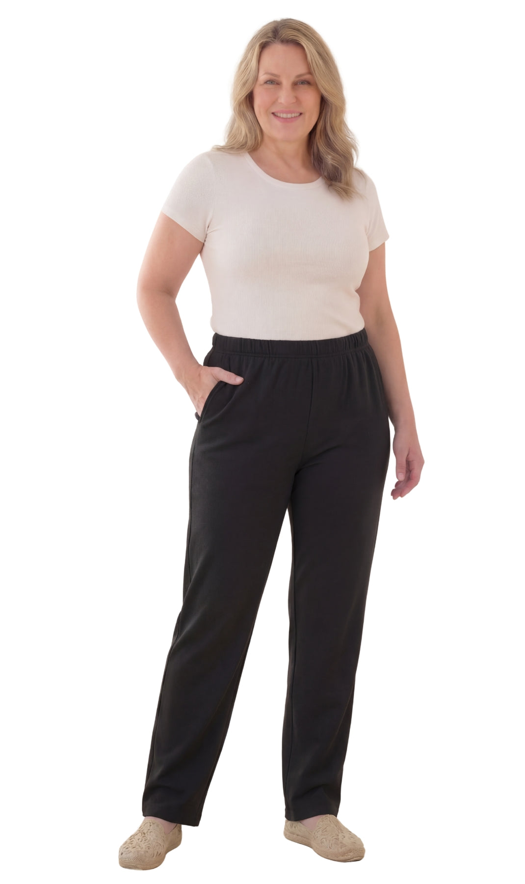Women's Pull-On Flat Front Knit Pants with Elastic Waist