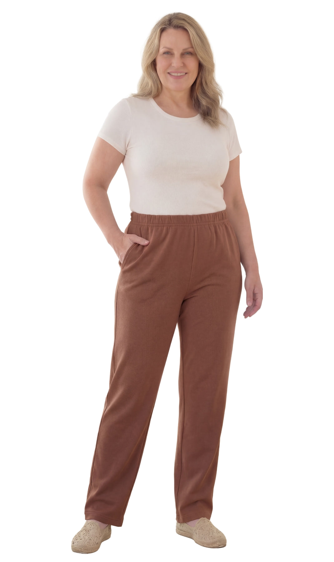 Women's Pull-On Flat Front Knit Pants with Elastic Waist