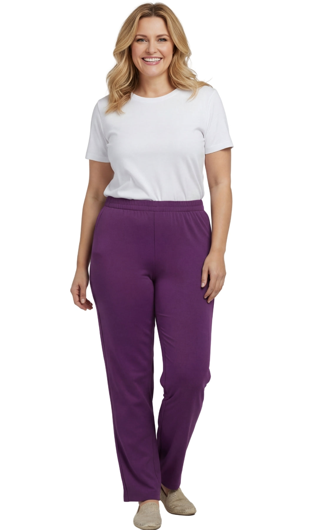 Women's Pull-On Flat Front Knit Pants with Elastic Waist