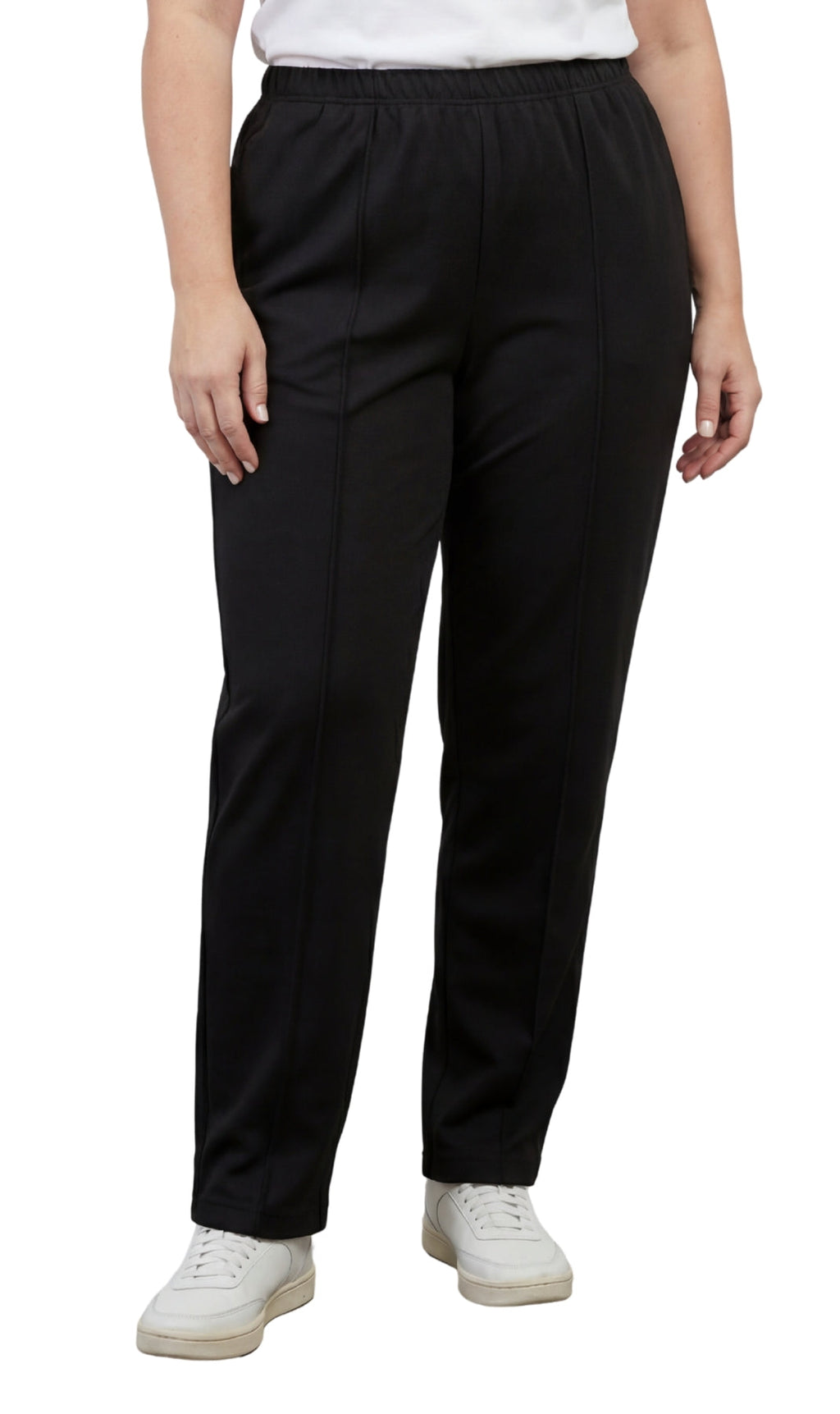 Close up of classic black pull-on poly knit dress slacks with an elastic waistband