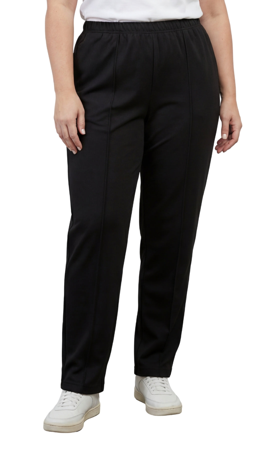 Close up of classic black pull-on poly knit dress slacks with an elastic waistband