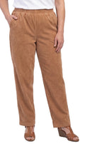 Close-up of fine wale corduroy fabric on women's pull-on pants with elastic waistband