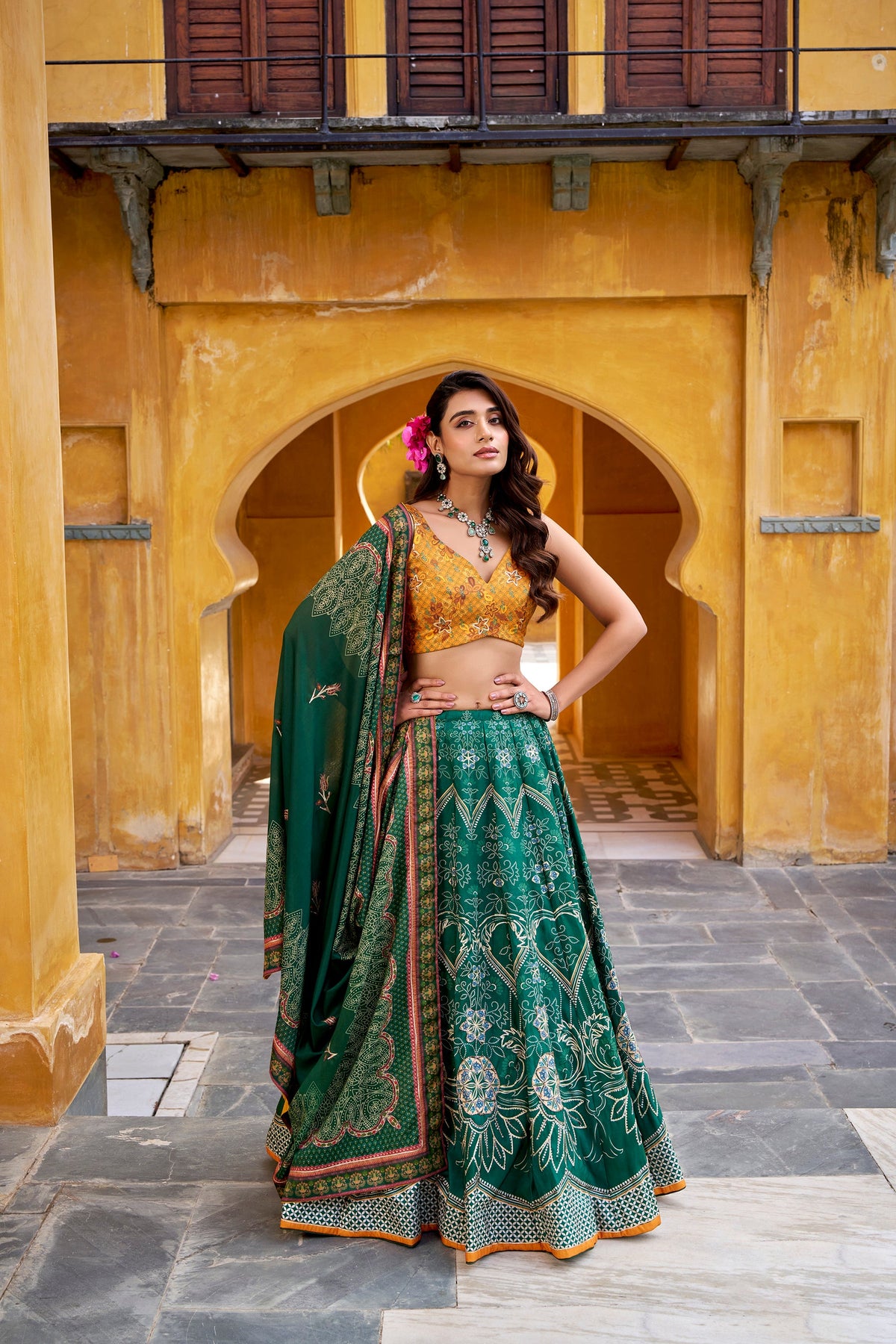 Green Vaishali silk Lehenga Choli featuring beadwork and Gota Patti lace detailing
