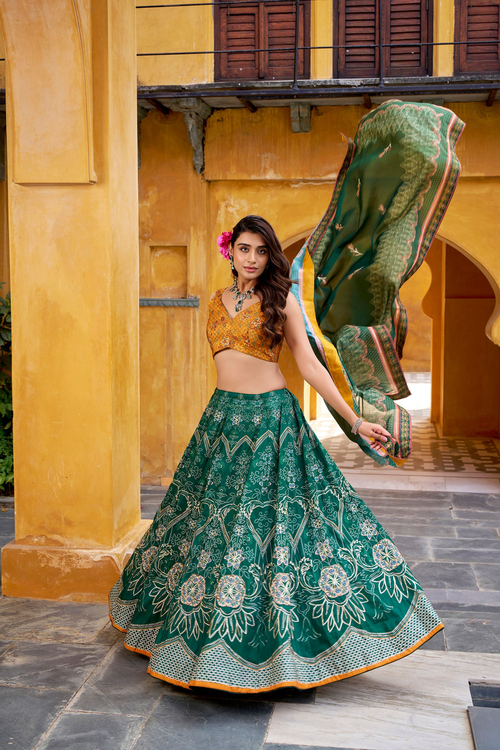 Green Vaishali Silk Printed Lehenga Choli with Bead & Gota Patti