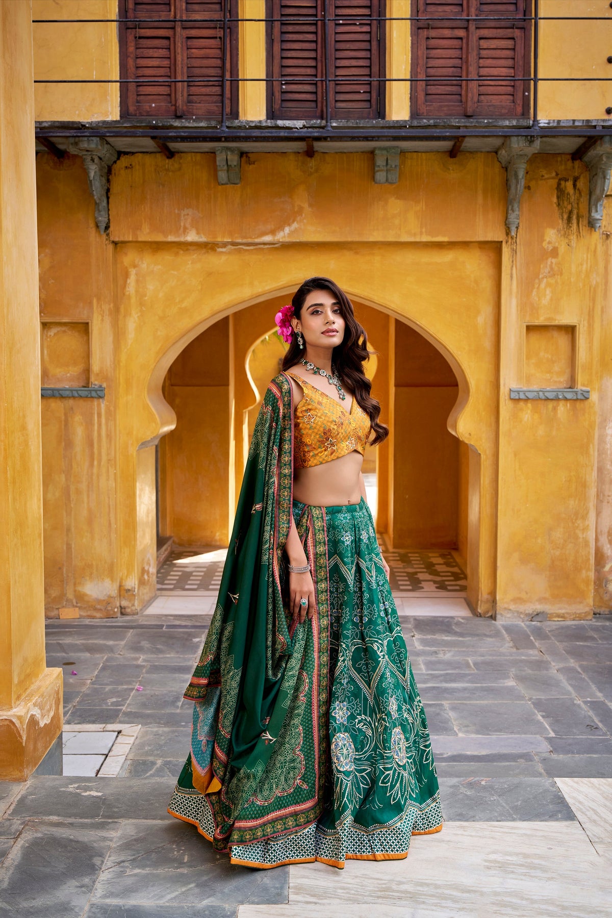 Green Vaishali Silk Printed Lehenga Choli with Bead & Gota Patti