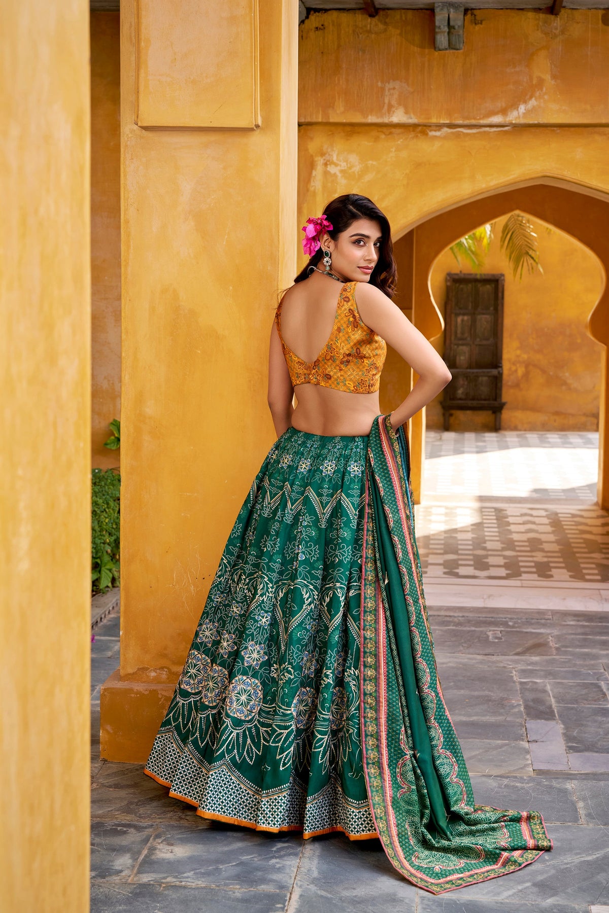 Green Vaishali Silk Printed Lehenga Choli with Bead & Gota Patti