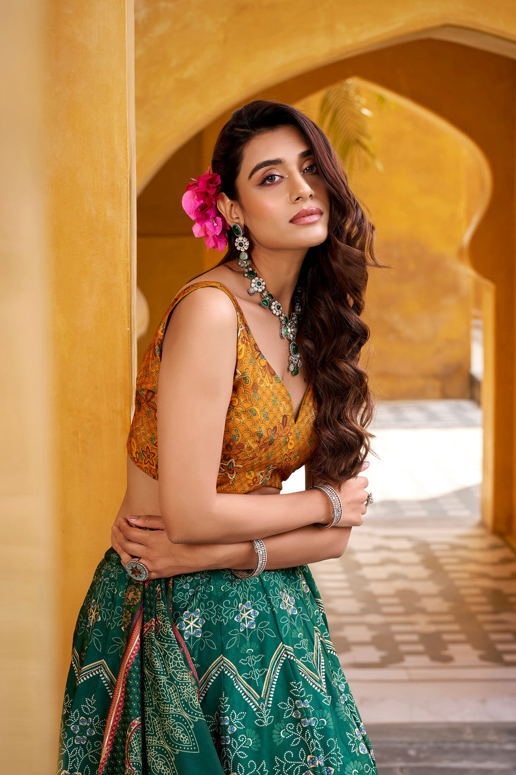 Green Vaishali Silk Printed Lehenga Choli with Bead & Gota Patti