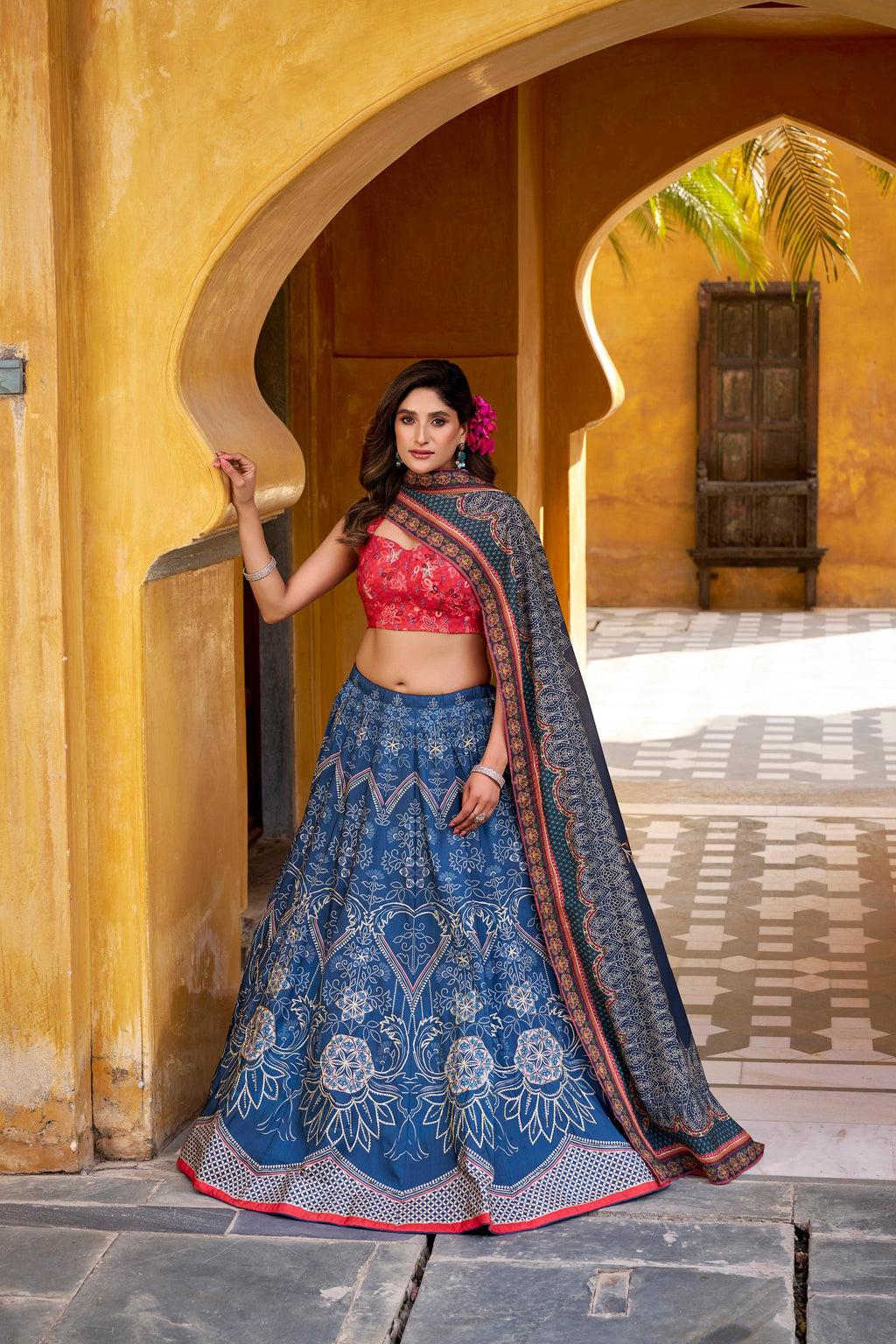 Blue Vaishali Silk Printed Lehenga Choli with Gota Patti & Beads