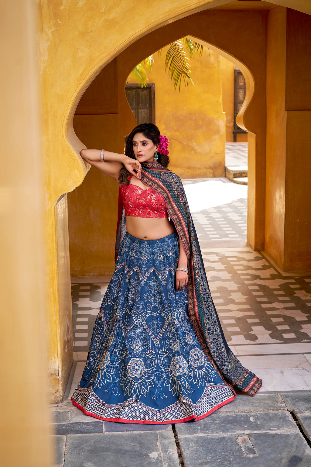 Blue Vaishali Silk Printed Lehenga Choli with Gota Patti & Beads