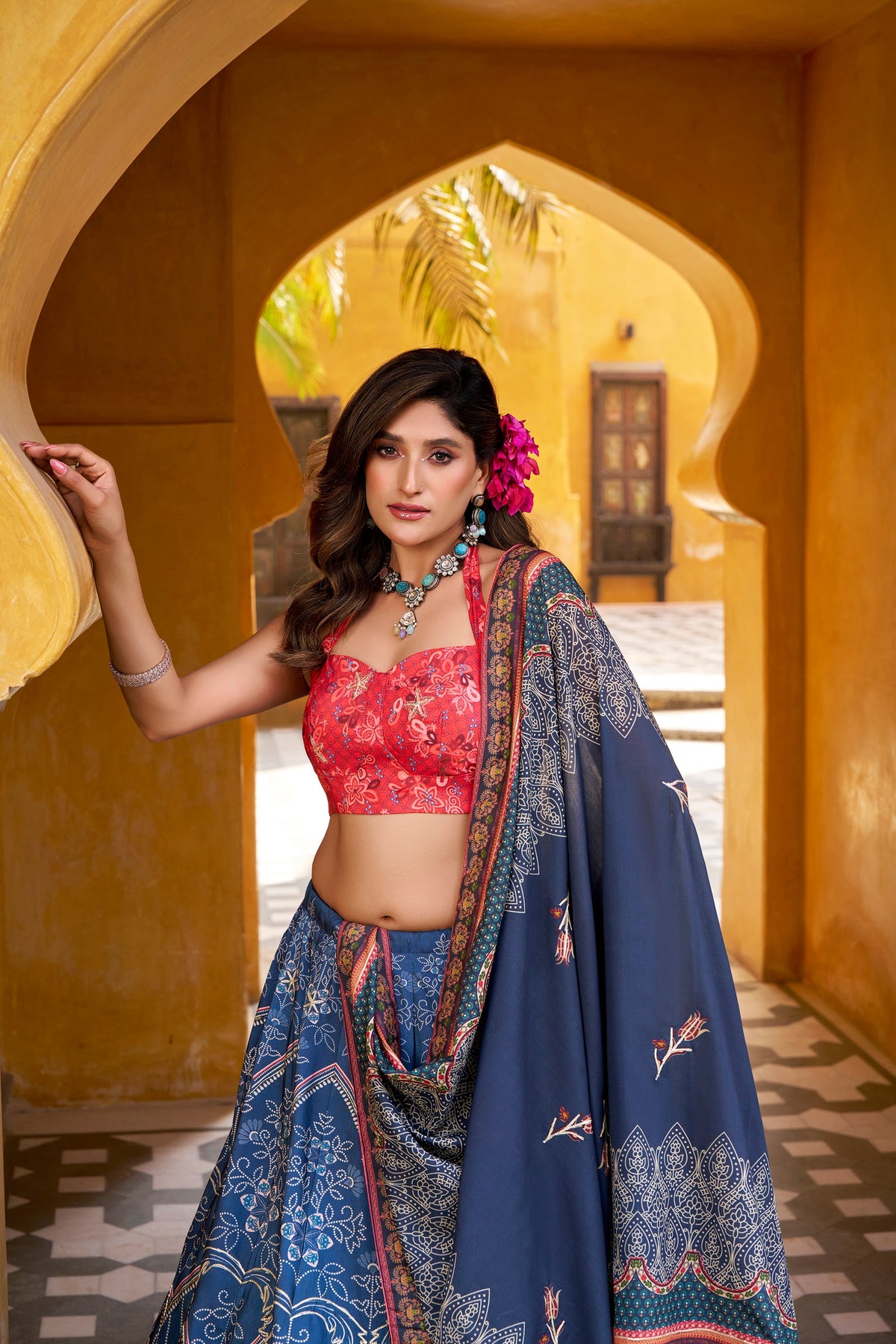 Blue Vaishali Silk Printed Lehenga Choli with Gota Patti & Beads