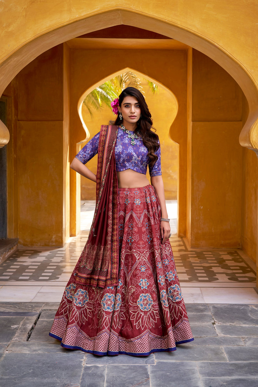 Maroon Vaishali Silk Floral Printed Lehenga Choli with Gota Patti