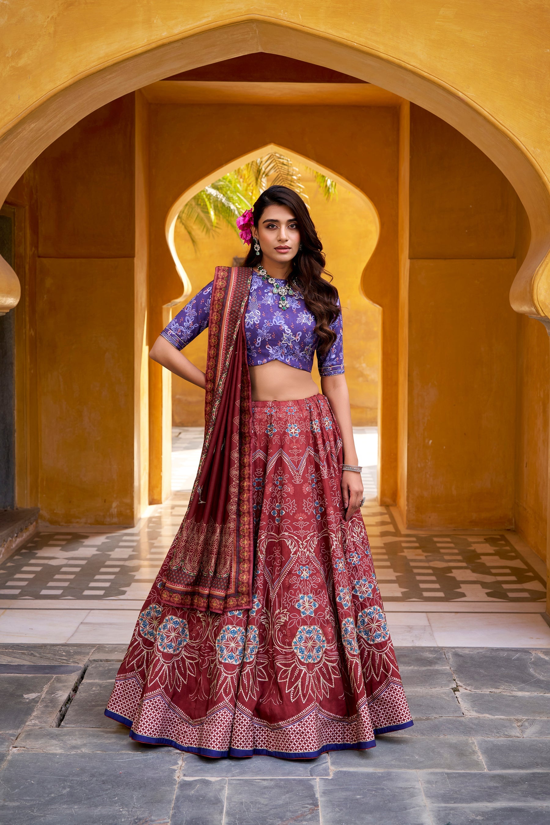 Maroon Vaishali Silk Floral Printed Lehenga Choli with Gota Patti