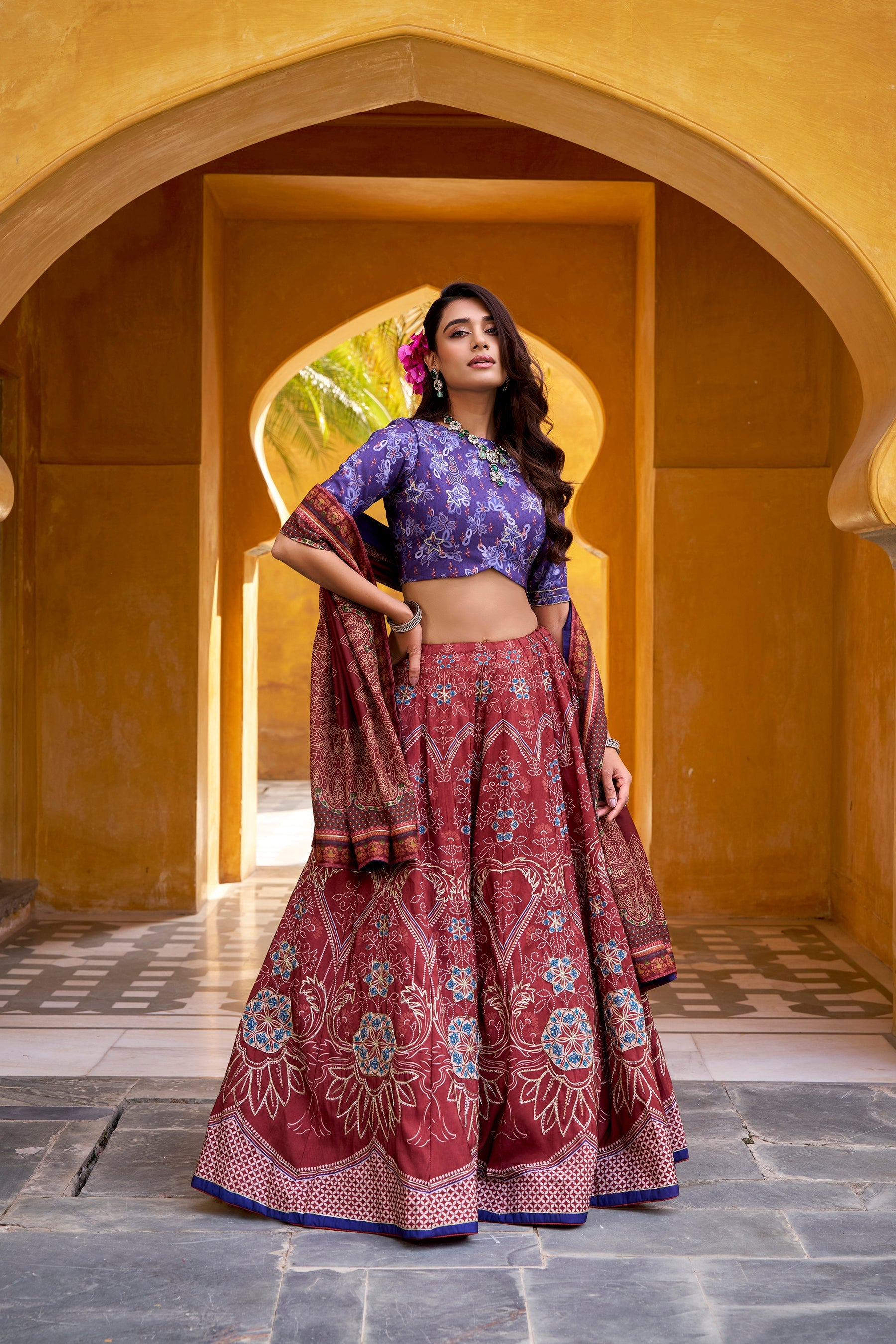 Maroon Vaishali Silk Floral Printed Lehenga Choli with Gota Patti